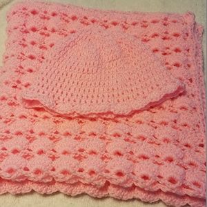 Handmade Crocheted Pink Baby Blanket and Hat